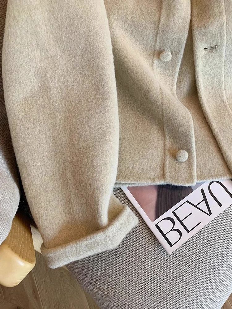 Dwustronna wełniana bluzka damska Ele na jesień i zimę, luźny krój, uniwersalna stójka, zapinana na guziki, jednolity kolor.