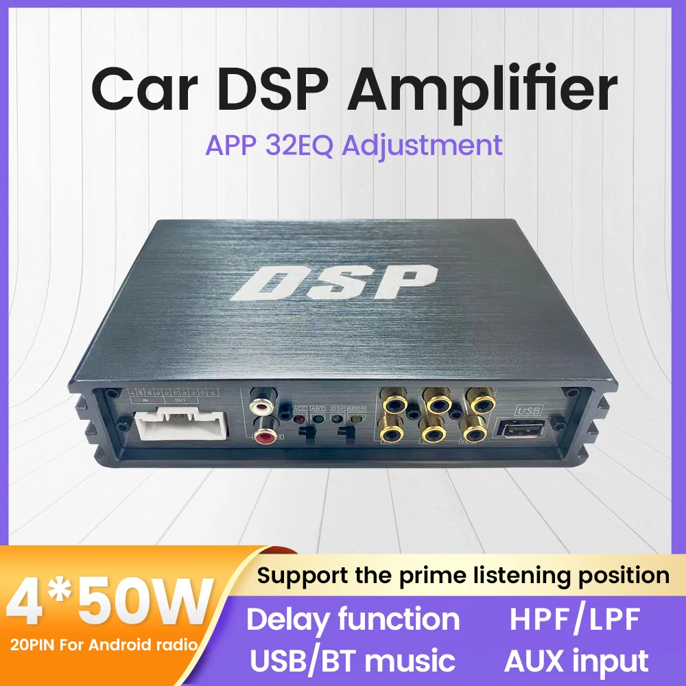 Car DSP 4*50W Amplifier Audio Processor Android Speaker Subwoofer Power 20PIN for Android Radio Stereo APP 32EQ Addjustment AUX