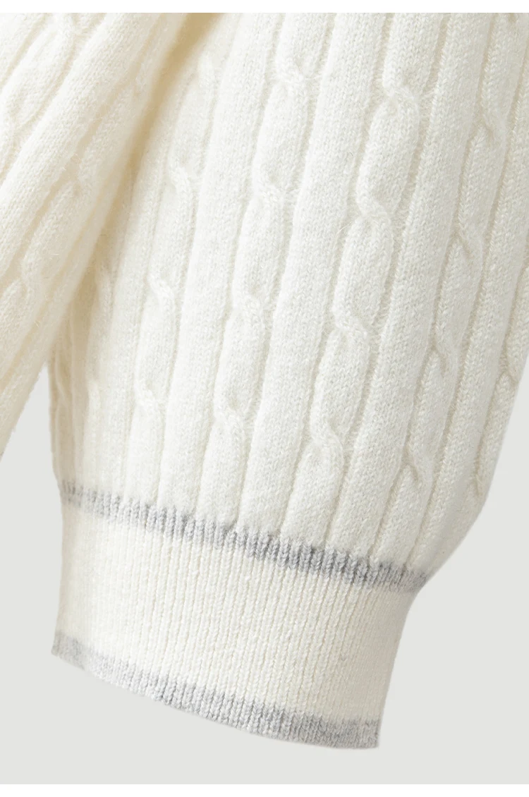 BL4621756 Damen-Oberteil mit Stehkragen, kurzen Ärmeln, 100% Kaschmir, Zopfmuster, Lederabzeichen, Kettenkontrast-Manschettenbesatz, Frühherbst – Detail 19