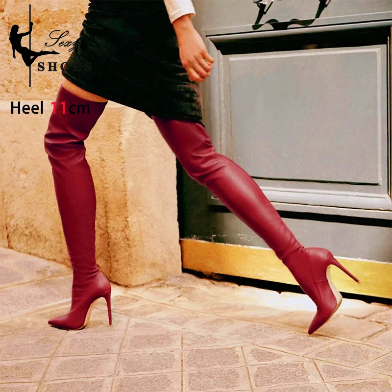 Wine red Sexy High Heels Stretch Leather Over-the-Knee Women\'s Boots Pointed Toe Thigh High Long Boots Slip-On Feminina Shoes