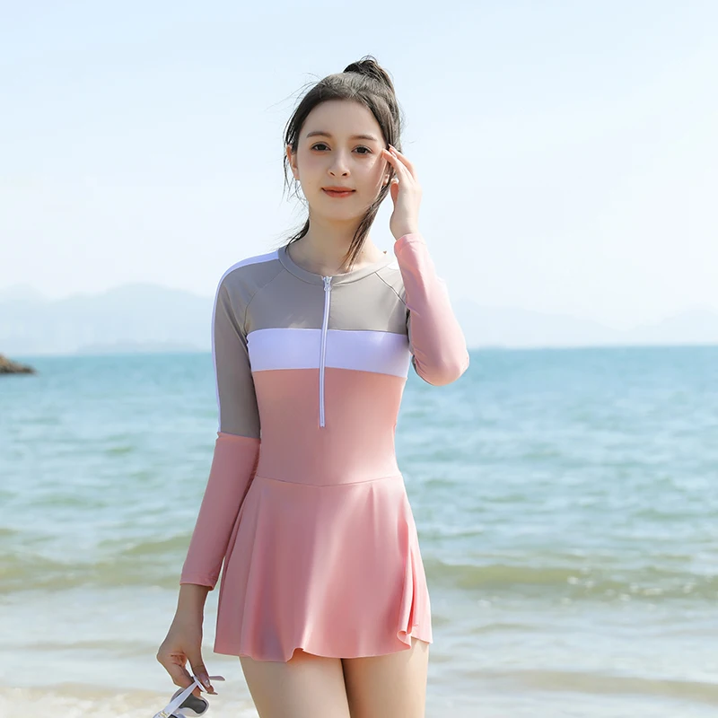 Girl One Piece Swimsuit Dress Long Sleeve Pink Green Solid 7-16 Year Student Teenager Padded Beach Wear Swimming Dress 2024