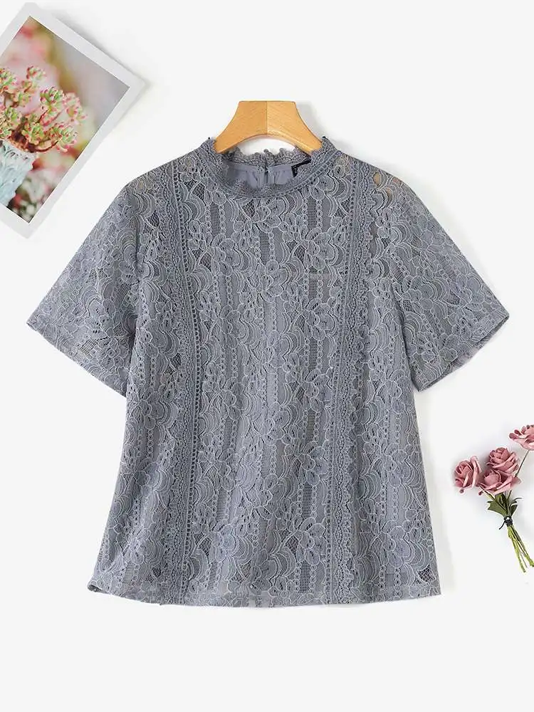 ZANZEA Women Lace Crochet Blouse Summer Hollow Out Patchwork Tunic 2024 Vintage Loose Short Sleeve Blusas Casual Round Neck Tops