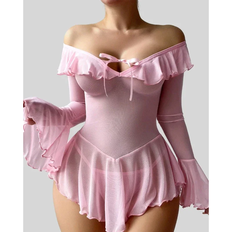 

Sexy Body Lingerie Women Flare Sleeve Baby Dolls Ladies Ruffled Sweet Girl Transparent Mini Dress Erotic Costume