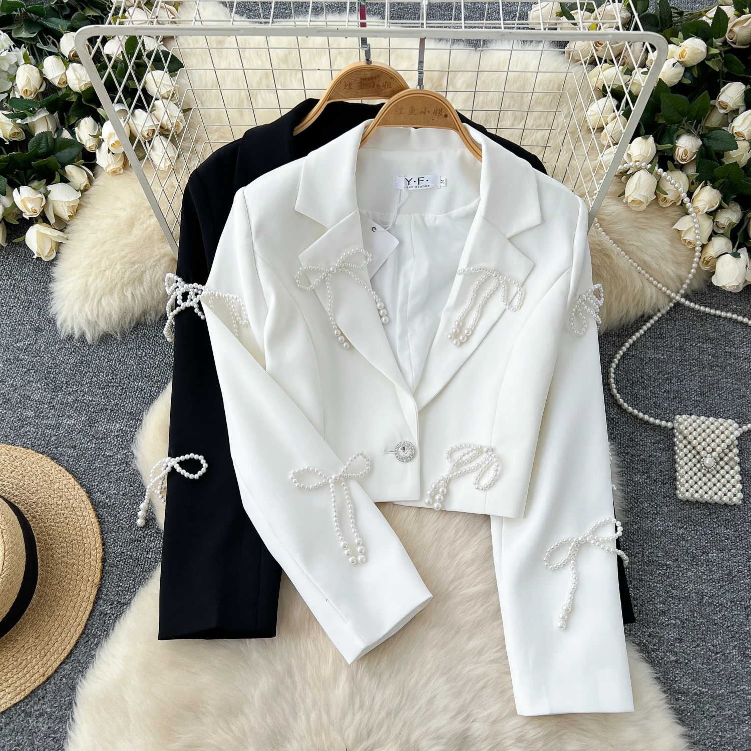 Basics Long Sleeve Vintage Notched Collar Chic Bow Beading Single Button Short Suit French Streetwear High Street Autumn Top