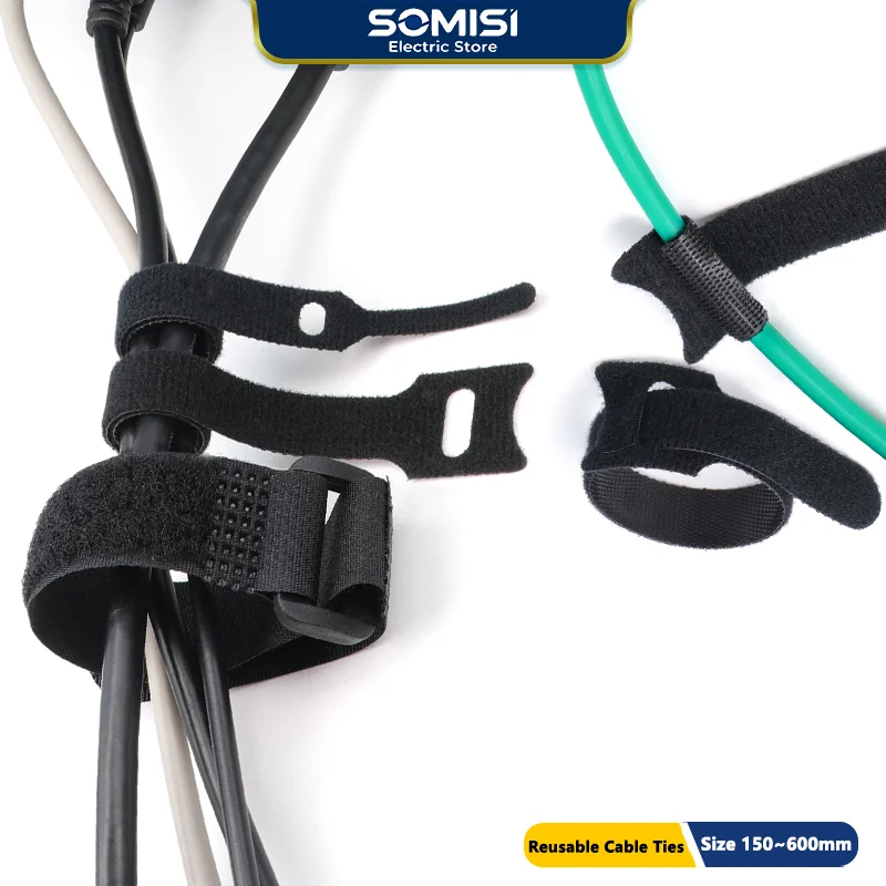 Size 150~600mm Wire Management Bundle Fastener Belt Straps T/ I / Buckled Releasable Hook Loop Cable Ties Nylon Polyester 20/50P