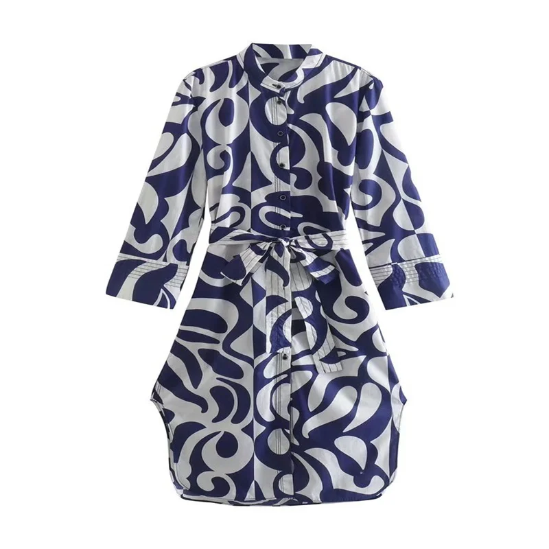 

2022 Spring And SummerWomen Fashion With Belt Totem Print Midi Shirt Dress Vintage Long Sleeve Button-up Female Dresses