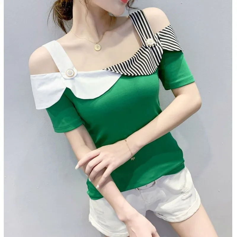 

One-Shoulder Collarbone T-Shirt Women's Short Sleeves Summer New Fashion Ruffled Sexy Little Shirt Off-The-Shoulder Clothing