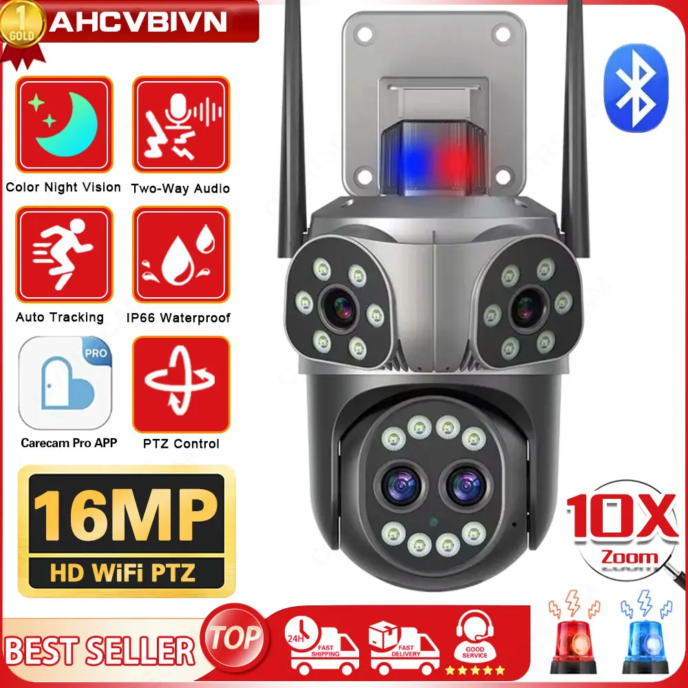 16MP 8K Security Camera 4 Lens 10X Zoom 3 Screens WiFi PTZ Camera Two Way Audio Auto Tracking Color Night Vision Carecam Pro APP