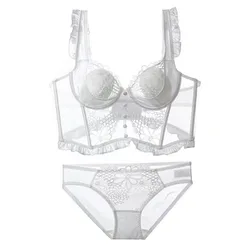 French Women's Sexy Corset Vest Briefs Suit Sweet Flying Sleeves Lace Patchwork Underwear Women's Soft Steel Ring Bra Everyday