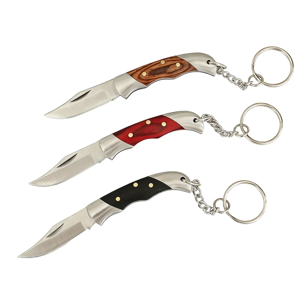 Portable Stainless Steel Mini Folding Knife, Colored Wood Handle Keychain, Durable EDC Tool for Camping & Everyday Carry