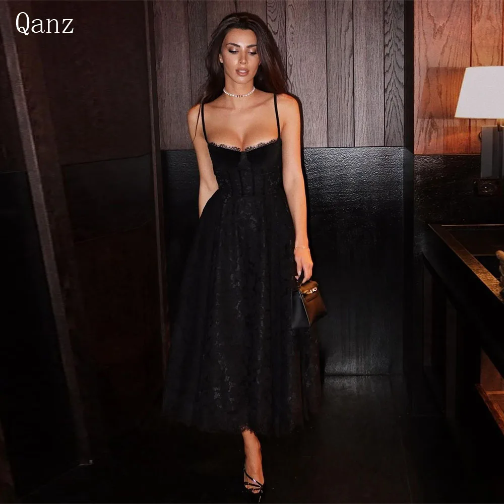 Qanz Black Lace Appliques Evening Dresses Sexy Spaghetti Straps A Line Dress Party Nnight Corset Back Prom Dresses Customized