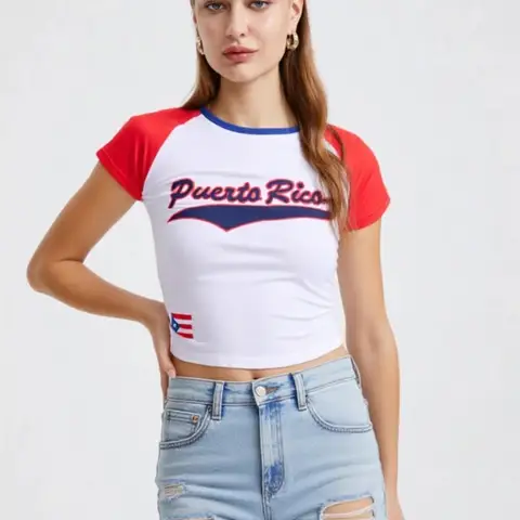 2026 Summer Puerto Rico Y2K Baby Tee Slim Fit T-shirt Women's Sexy Short Sleeved O-neck Basic Sports Casual Style Crop Tops