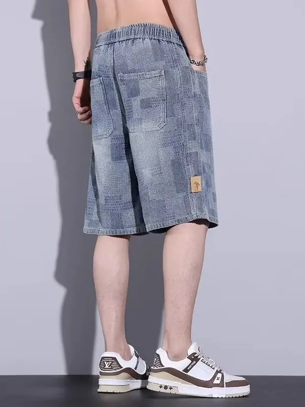Summer Thin Denim ort Pants Men's 2025 New American High Street Teen Casual Five-Point Trendy Star  Patterned Jeans