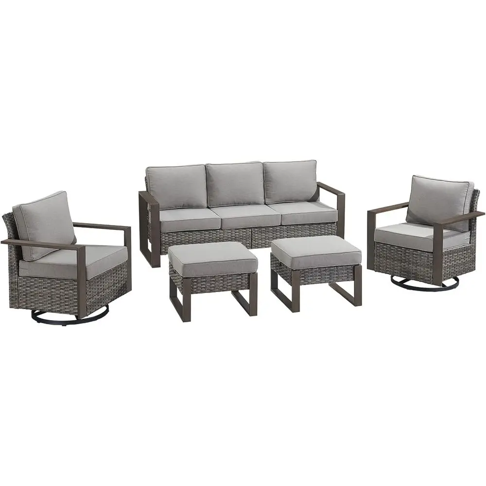 

5-Piece Outdoor Wicker Patio Set: 2 Swivel Rockers, Ottomans, Couch with Thick Cushions, Deep Seating in Mixed Grey