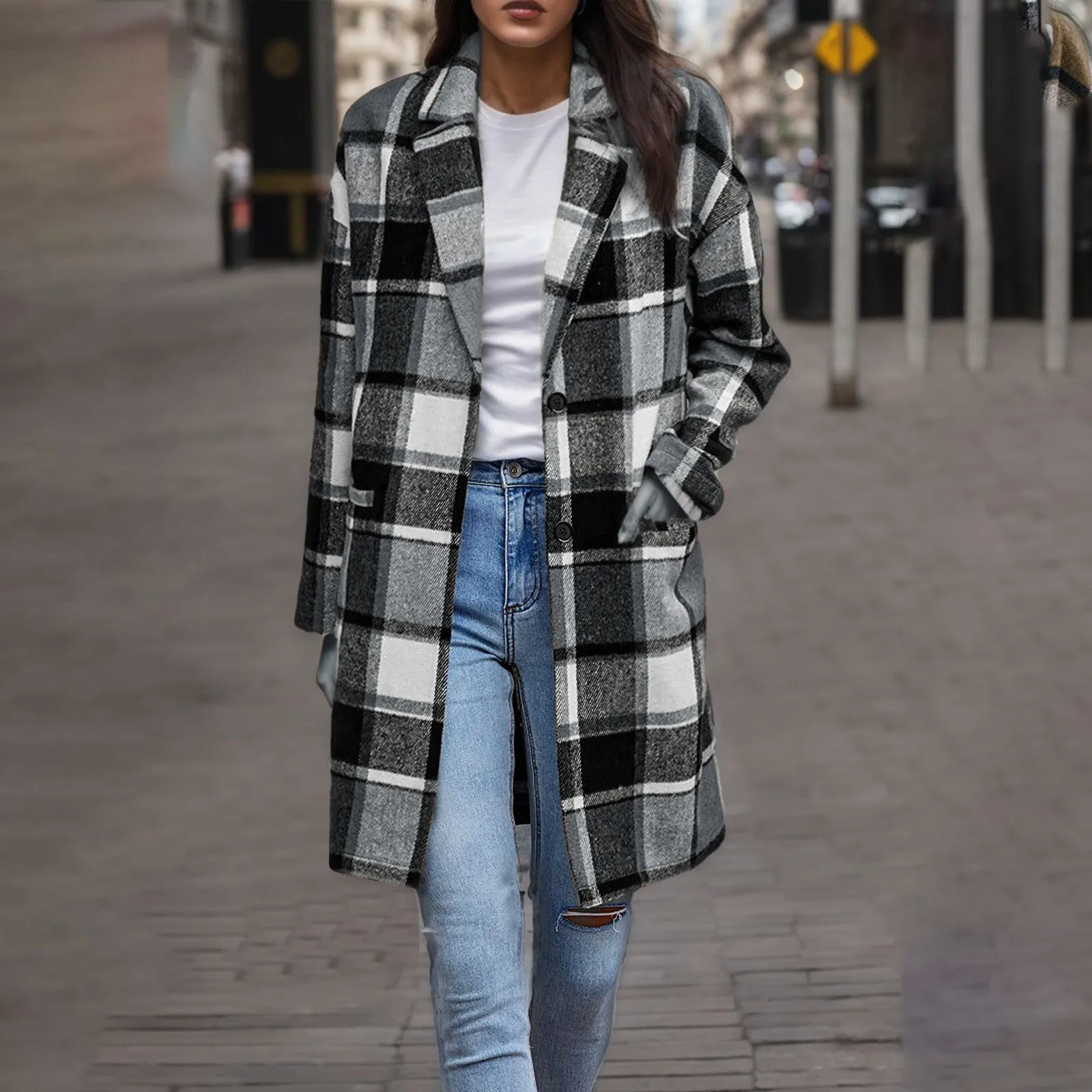 Women's Plaid Shacket Jacket Casual Button Lapel Wool Blend Trench Coat with Pockets Long Sleeve Checked Woolen Coat Outerwear