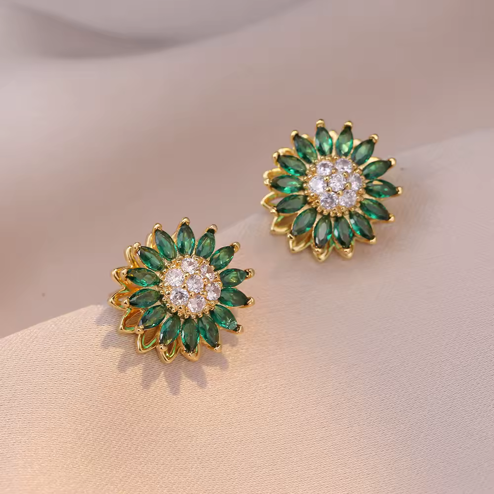 Luxury Rotating Big Sunflower Stud Earrings For Women Gold Color Marquise Cut Green Stone Zircon Wedding Ear Studs Party Jewelry