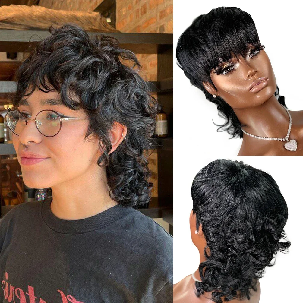 Brazilian Pixie Cut Wigs Human Hair Short Mullet Loose Wave Glueless Wig 100% Human Hair Ready To Wear No Lace Full Machine Wig