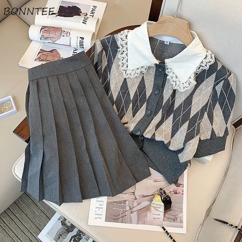 

Women Sets Two Piece Pleated Skirts Peter Pan Collar Crop Top Sweet High Waisted Preppy Kawaii Clothes Vintage Aesthetics Cozy