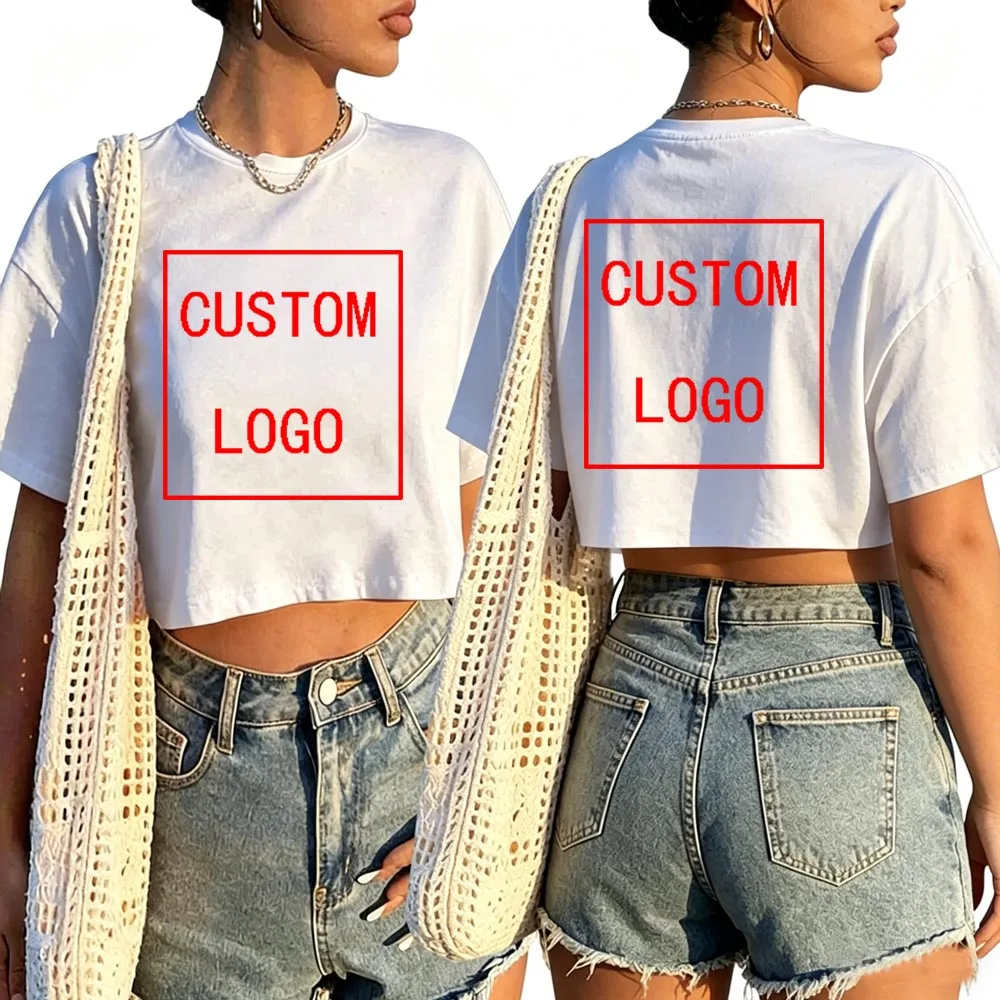 DIY Custom Your Brand LOGO Shirt Women O-Neck Short Sleeves Crop Tops T-shirt Custom Gifts view 2