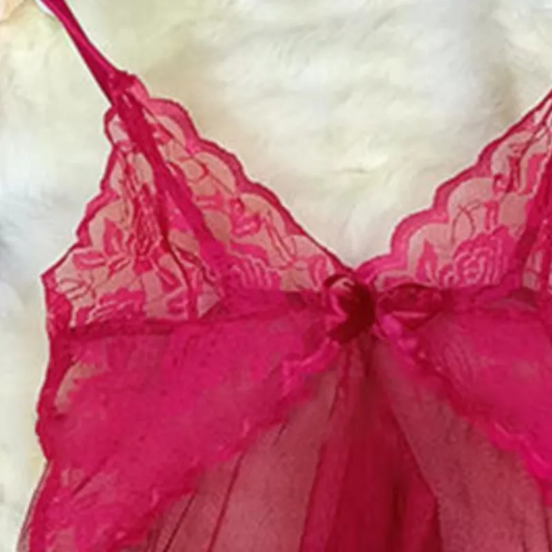 Thin Style G-string Contrast Lace Ruffle Trim Lingerie Set Deep V Slip Dress Thong Women's Sexy Lingerie Lencera Mujeres