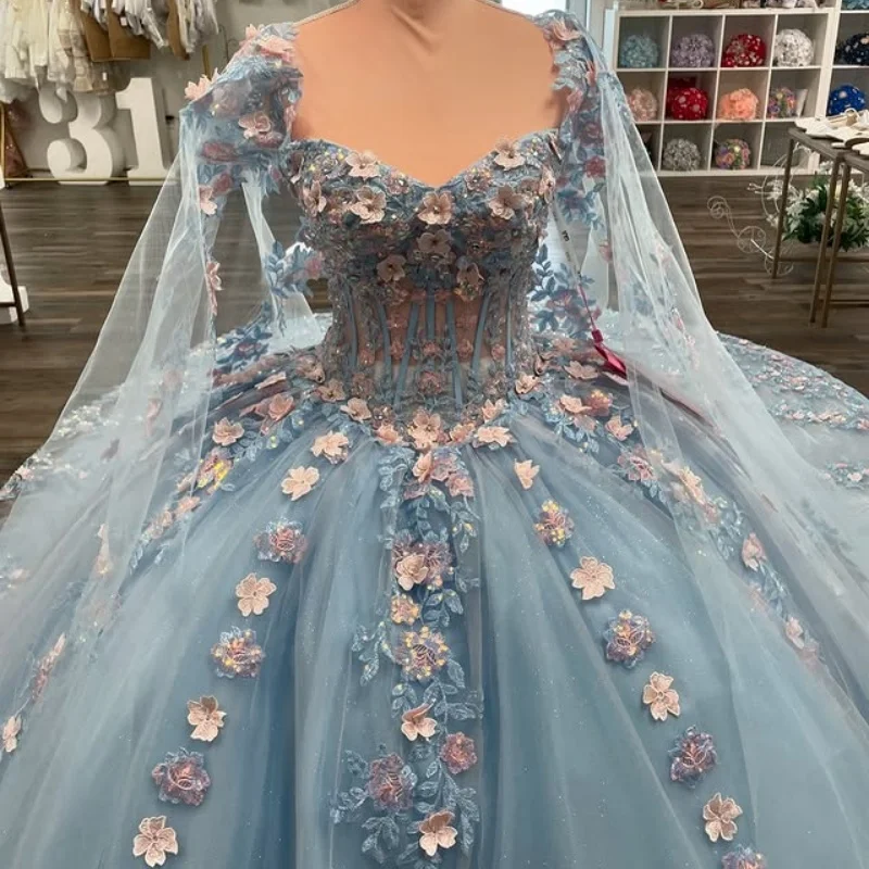 

Shiny sky blue Quinceanera Dress off-shoulder Glitter 3D flower Decal Long tail Bow Vestidos De 15 Quinceanera ﻿Customize