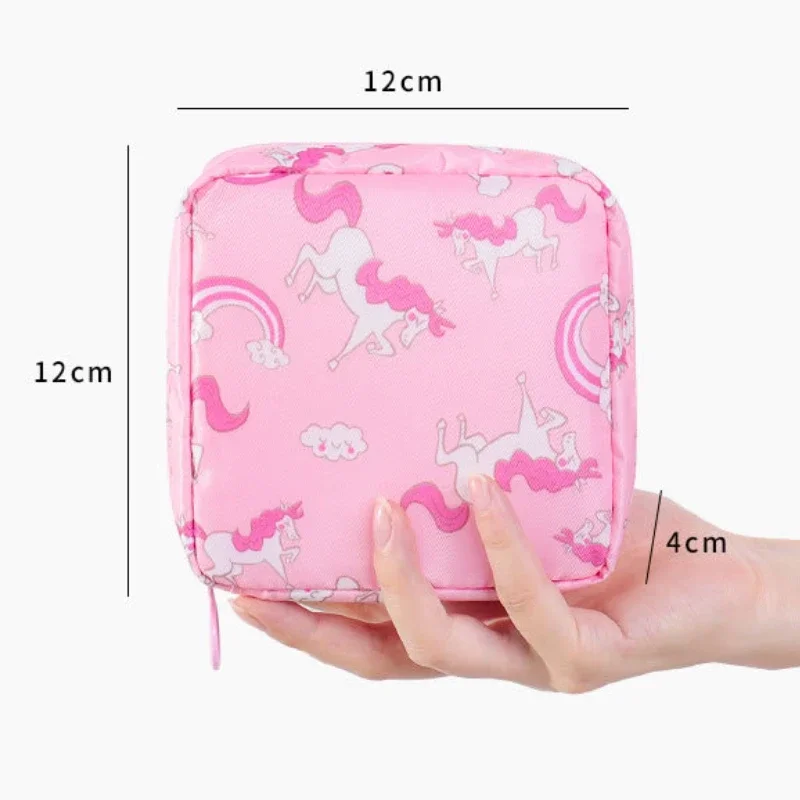 Mini saco cosmético quadrado bonito para meninas, malote portátil impermeável do armazenamento, saco do zíper, guardanapos sanitários, artigos de higiene pessoal, compo