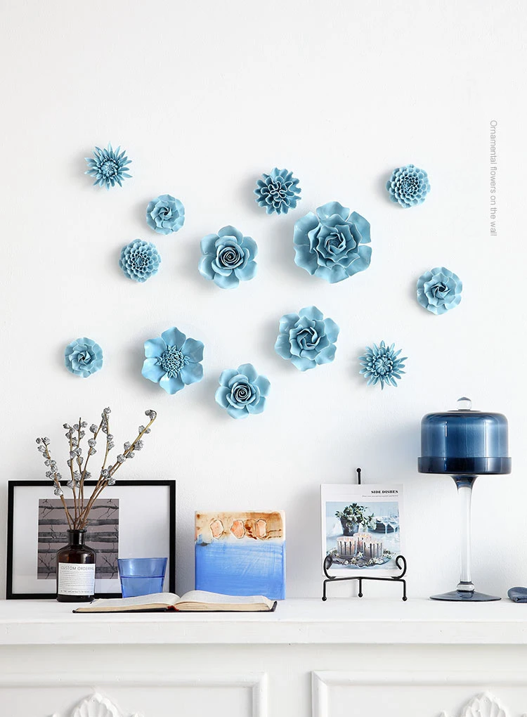 Chinese Blue Peony Rose Ceramic Flower Wall Hanging Decoration Hotel Cafe Club Mural Crafts Home Livingroom 3D Sticker