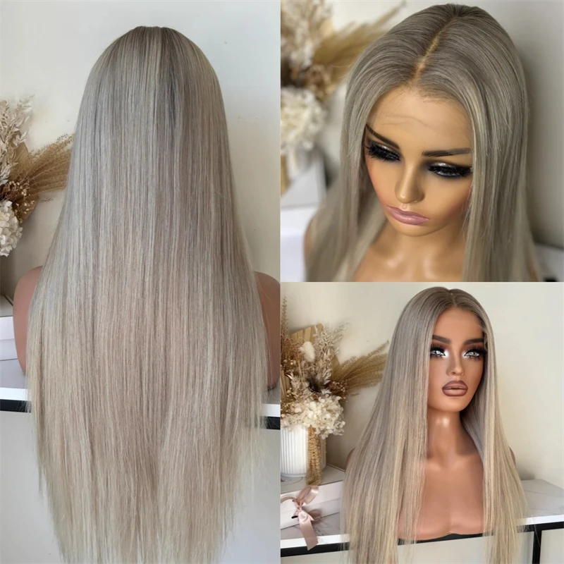 13x4 Ombre Ash Grey Blonde Synthetic HD Lace Front Wig Heat Resistant Fiber Wigs Realistic Look Hairline Soft Long Straight Wig