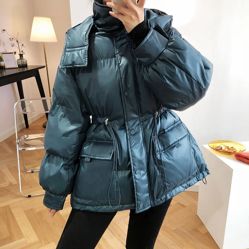 2022Winter Drawstring Waist Hooded Down Cotton Coat Loose Pocket Long Sleeve Warm Women Parkas Winter Thickened Windproof Jacket