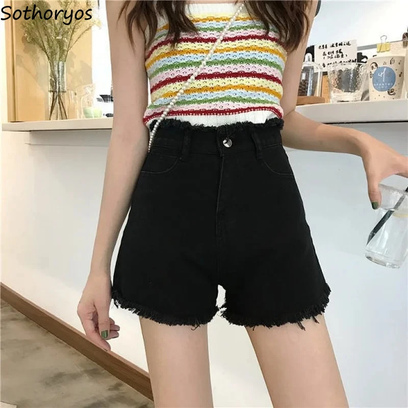 Pantaloncini Donna Denim Vintage Chic Moda Vendita calda Baggy Vita alta Solido Nero Stile coreano Harajuku Comodo streetwear