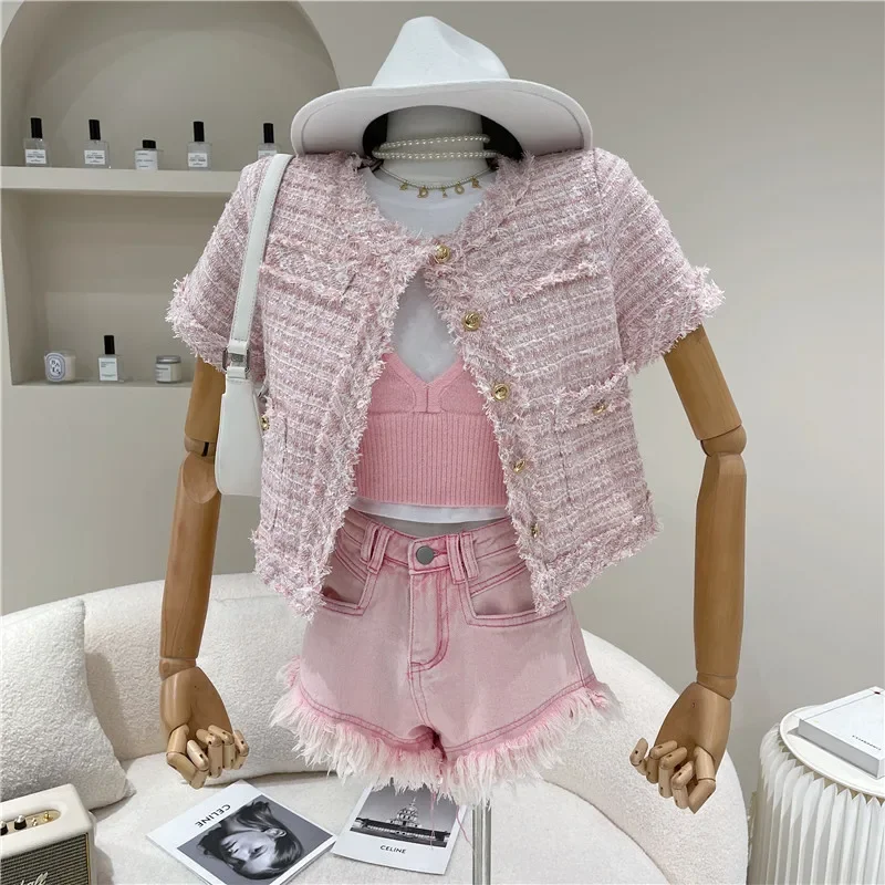 Coats & Jackets Summer Clothing Fashion Lady Office Pink O Neck Short Sleeve Tweed  Temperament Sweet Chic Korean