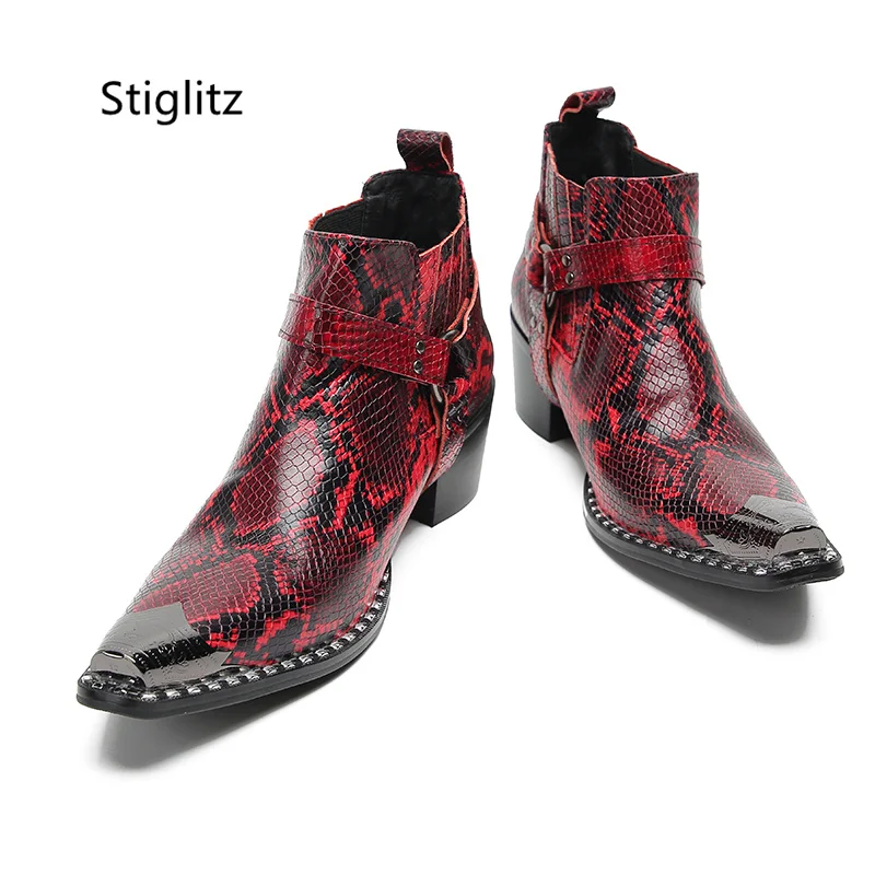 Buckle Strap Snakeskin Ankle Boots Men Red Yellow High Heels Slip On Genuine Leather Work Safety Boots Metal Decor Men\'s Shoes