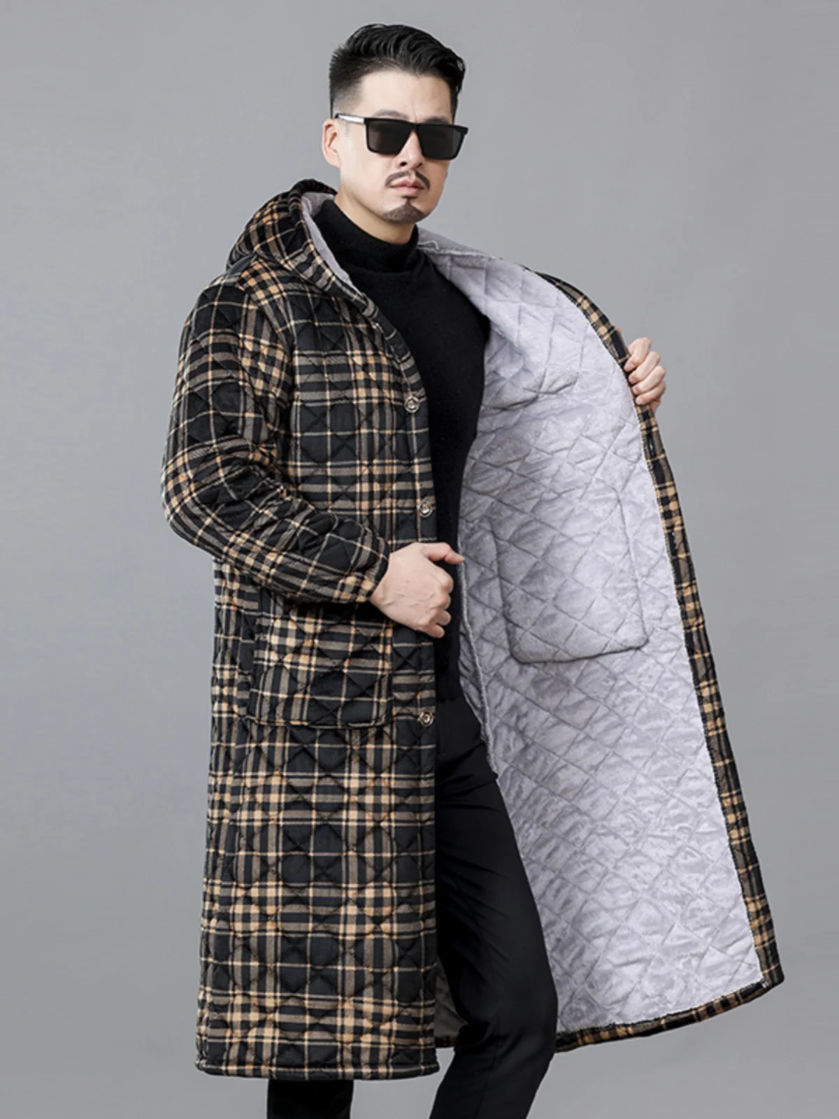 

Thiened Flannel Men's Cotton Jaet Winter Warm Outerwear Coat Long Hooded Busin Casual Sle Home Clothes Apron