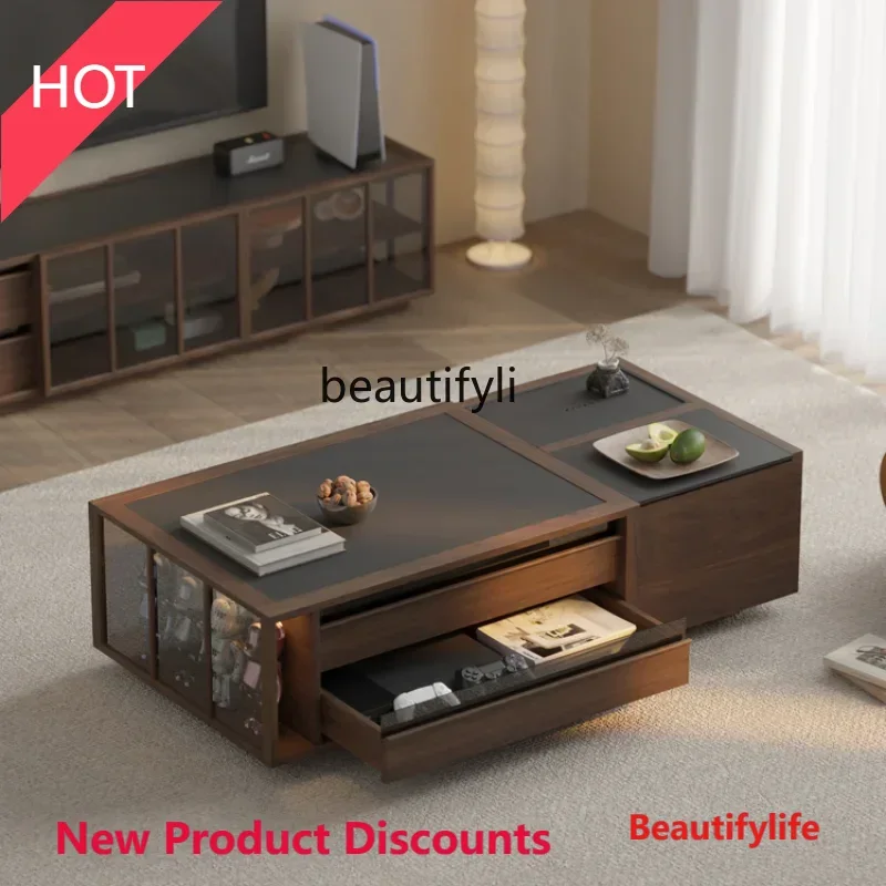 A76  Black Walnut Lifting Tea Table New Chinese Household Solid Wood Stone Plate Tea Making Tea Table Integrated Modern Intellig