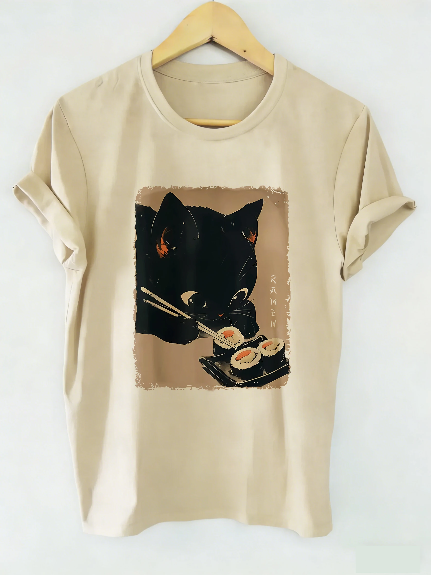 High Quality Retro Japanese Style Cat Eating Sushi Funny T Shirts Men Women T-shirt Round Neck Short Sleeve Tee Shirt Cute