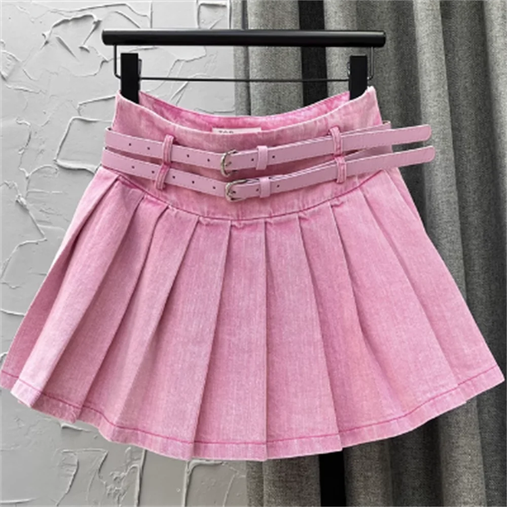 

Pink high-waisted girl skirt women new pleated sweet double belt skirt