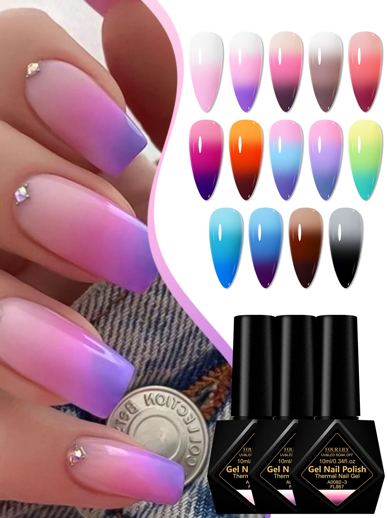10ml FOUR LILY Thermal Gel Nail Polish 3 kinds Of Temperature Change Effect Nail TPO/HEMA FREE Art Gel Varnish Soak Off Nails