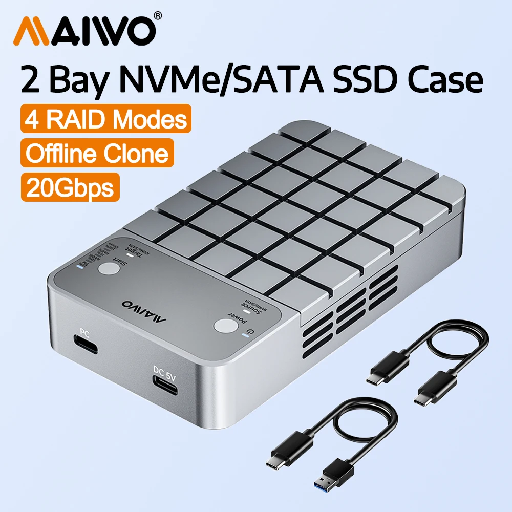 

MAIWO NVMe SATA SSD Case 2 Bay M.2 PCIe NVMe SATA SSD Enclosure Reader with Clone 4 RAID Modes 20Gbps USB 3.2 Gen2x2 SSD Adapter