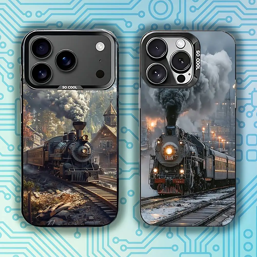 حافظة هاتف كلاسيكية على شكل قطار بخاري لهاتف آيفون 17,16,15,14,13,12,11,Pro,Max,Plus,E,Air,Mini غطاء من البولي يوريثان الأسود