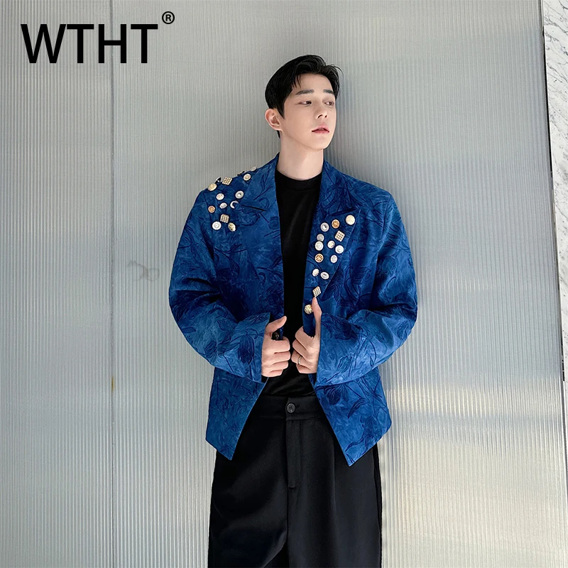 WTHT Fashion Men's Spliced Button Flower Print Blazer Coats Trendy Single Buckle Lapel Loose Jackets Male 2026 Summer 2A2866