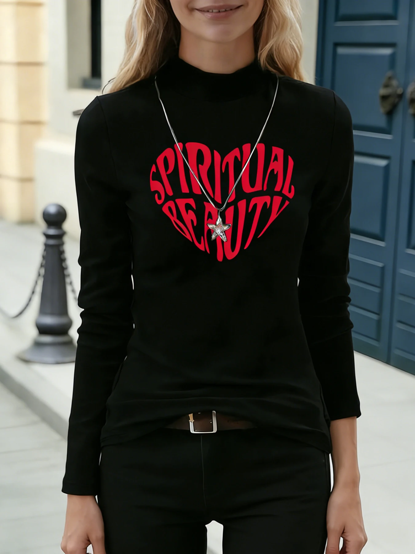 Vrouwen Mock Hals Lange Mouw Tops Rode Spirituele Schoonheid Hart Print Casual Blouse Mode Dagelijks T-shirt Zachte Top Voor Lente Herfst