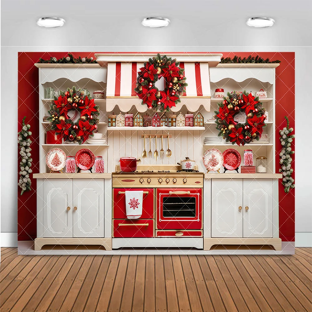 

Red White Christmas Kitchen Photography Backdrop Kids Cake Smash Photo Background Adult Family Portrait Photocall Studio Props