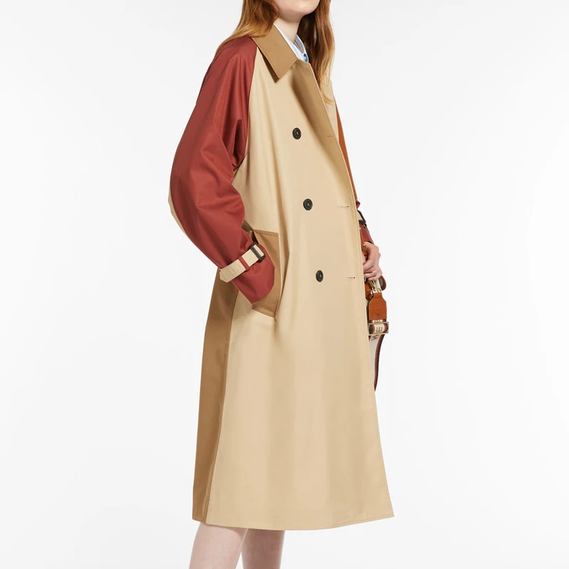 High-Quality Women's Trench Coat – Double-Breasted Knee-Length Fashionable Color-Blocking Cotton Windbreaker