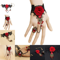 Hot New Elegant Gothic Style Lace Red Rose Bracelet with Adjustable Finger Ring