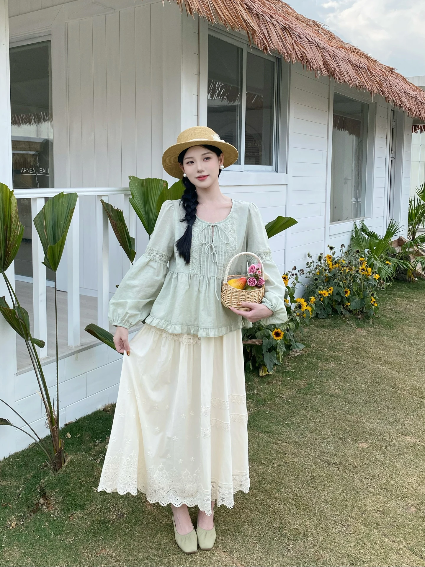 

Handmade Cotton Linen Ruffle Hem A-Line Midi Skirt Women's Spring New Style High Waist Cotton Blend Skirt with