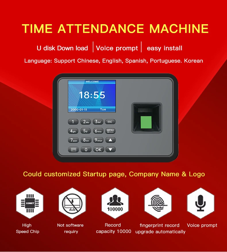 2.4Inch TFT Screen Free Drive Biometric Fingerprint Time Attendance Machine Clock Recorder Employee Recognition Recording Device