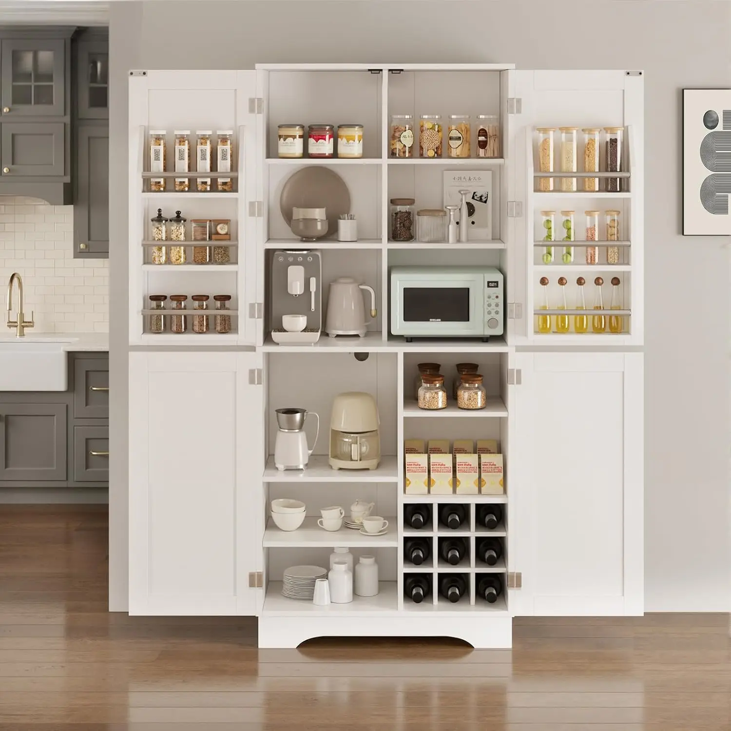 

71" Tall Kitchen Pantry, Farmhouse Storage Cabinet with Doors, Shelves, Rustic Wood Cupboard, Built-in Wine Storage Grid