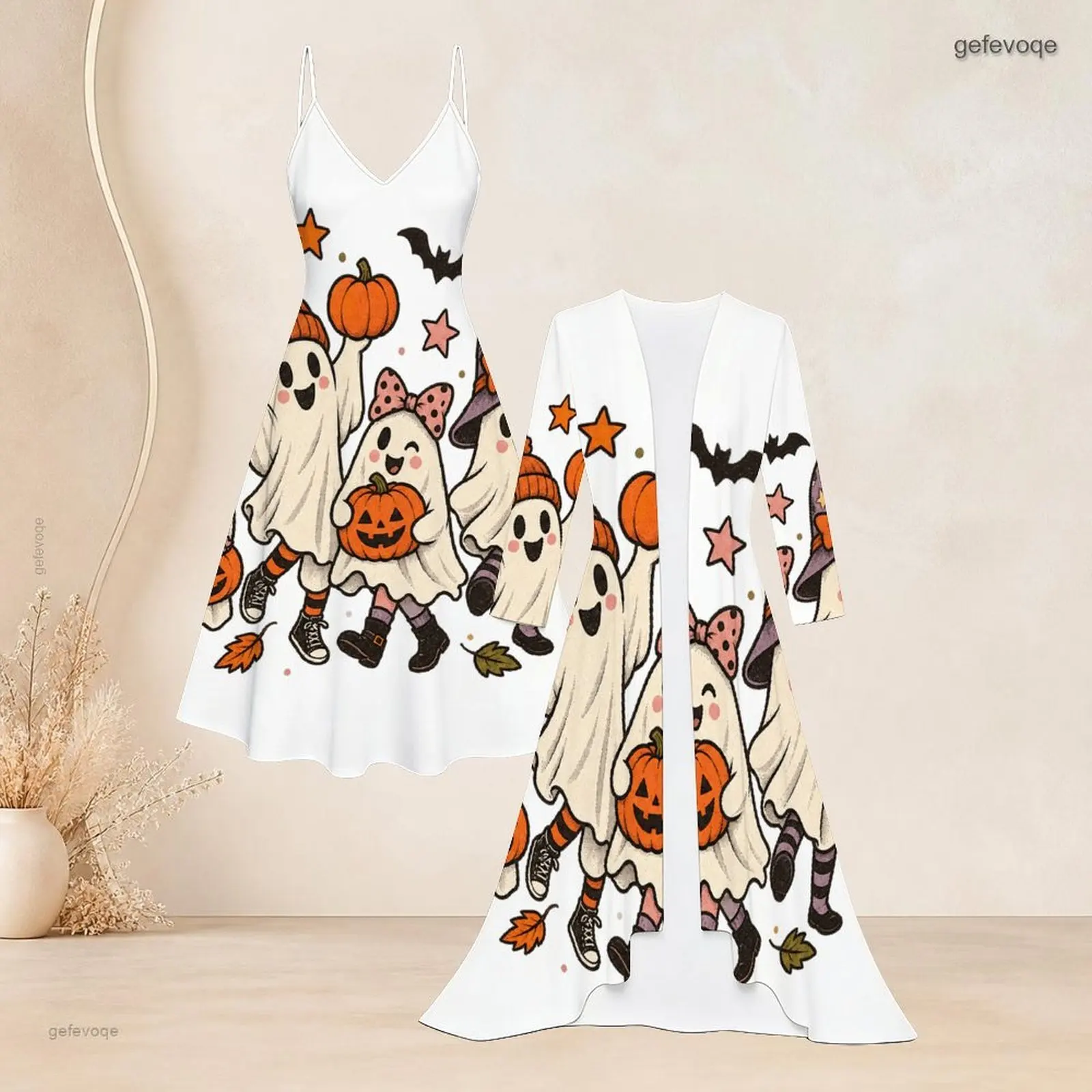 Women White Cartoon Ghost Pumpkin Print 2 Piece Set, Spaghetti Strap Dress and Long Open Front Cardigan