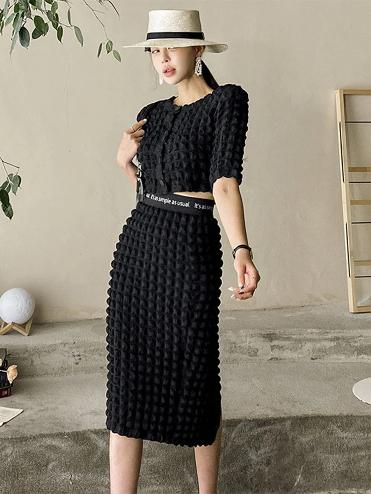 Korean 2 Piece Outfits Elegant Women Lady Casual Single Breasted Short Tops Shirt Blouse High Waist Midi Skirt Slim Cropped Sets