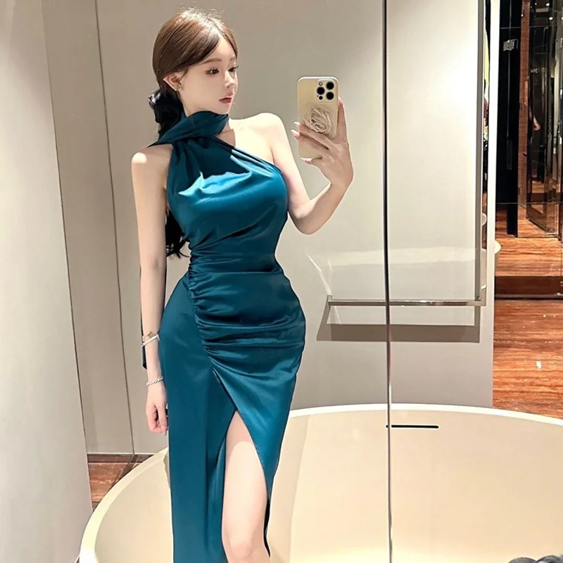 エレ 秋冬 韓国風 スリムフィット シングルショルダー ドレープ レディース ミディアム丈 アシンメトリーヘムライン オープン スリット ドレープ